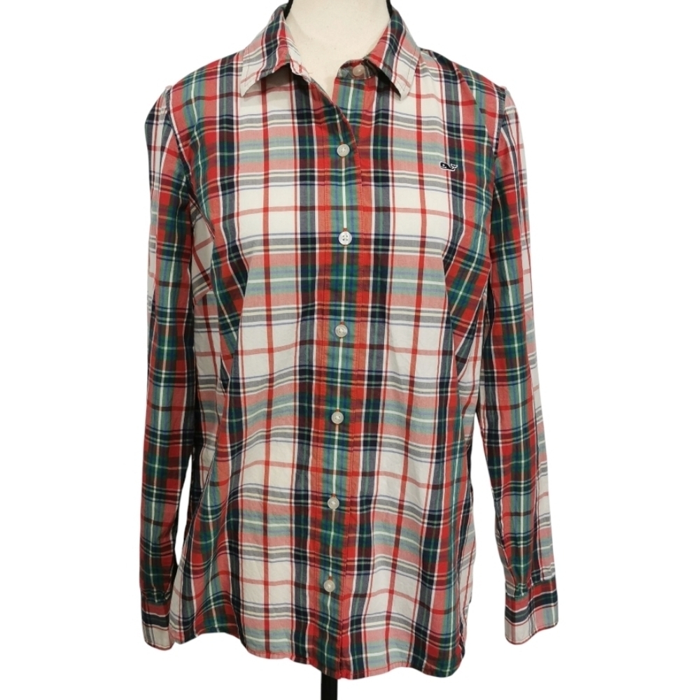 Vineyard Vines Long Sleeve Cotton Red White Green Button Down - Sz 8